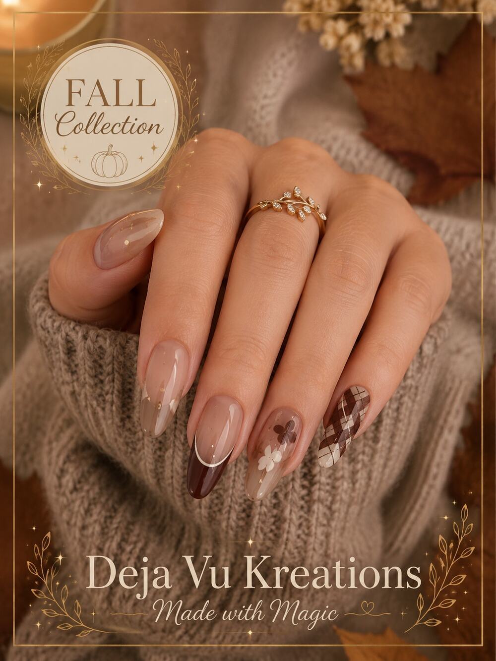 24 Piece Brown Plaid Press On Almond Nails